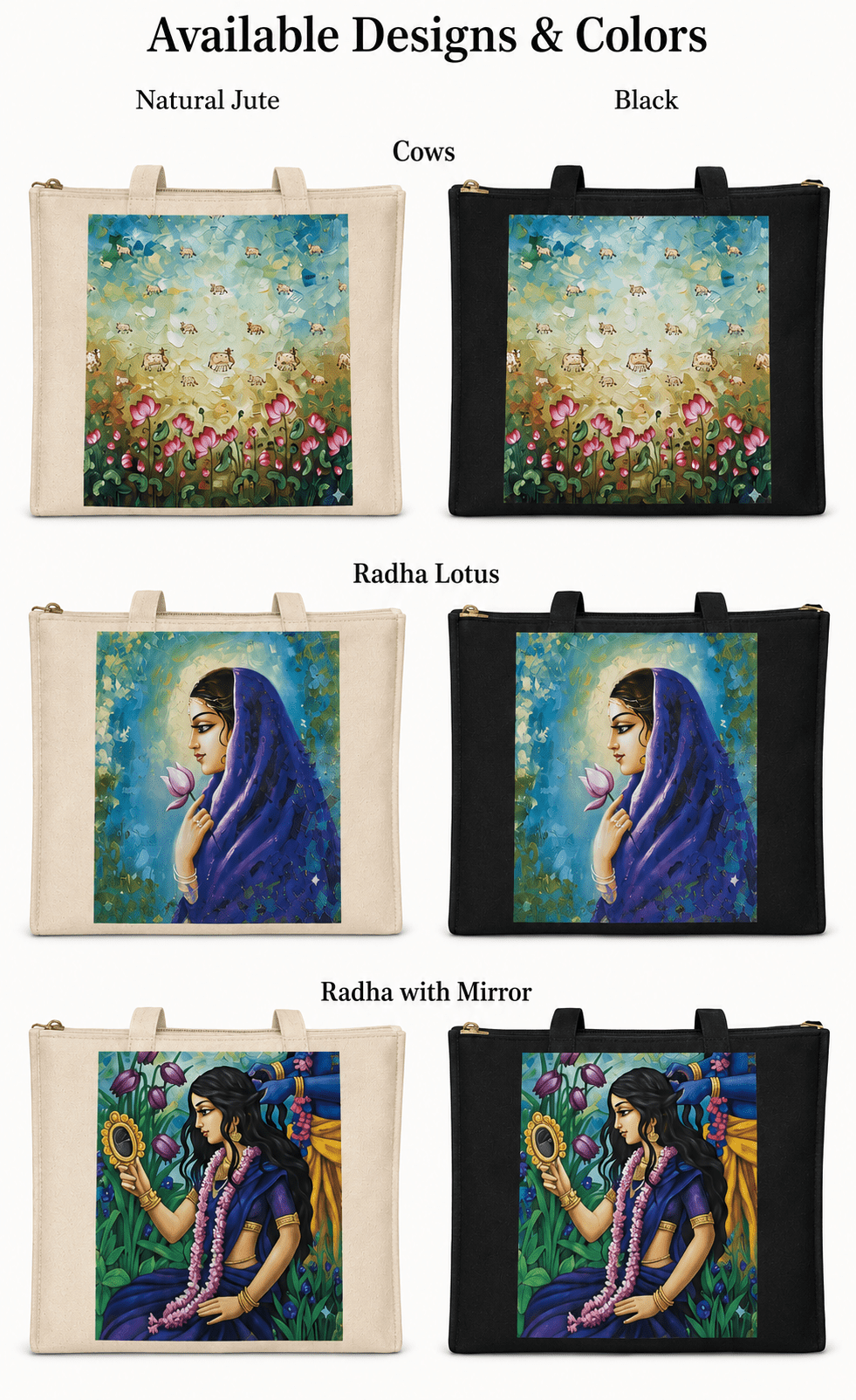Radha Cotton & Jute Tote Bag w/ Zipper 16" x 14" - Matchless Gifts