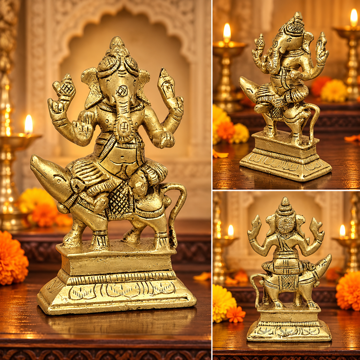 Brass Ganesha Seated on Mouse (Mushika) – 4.5"