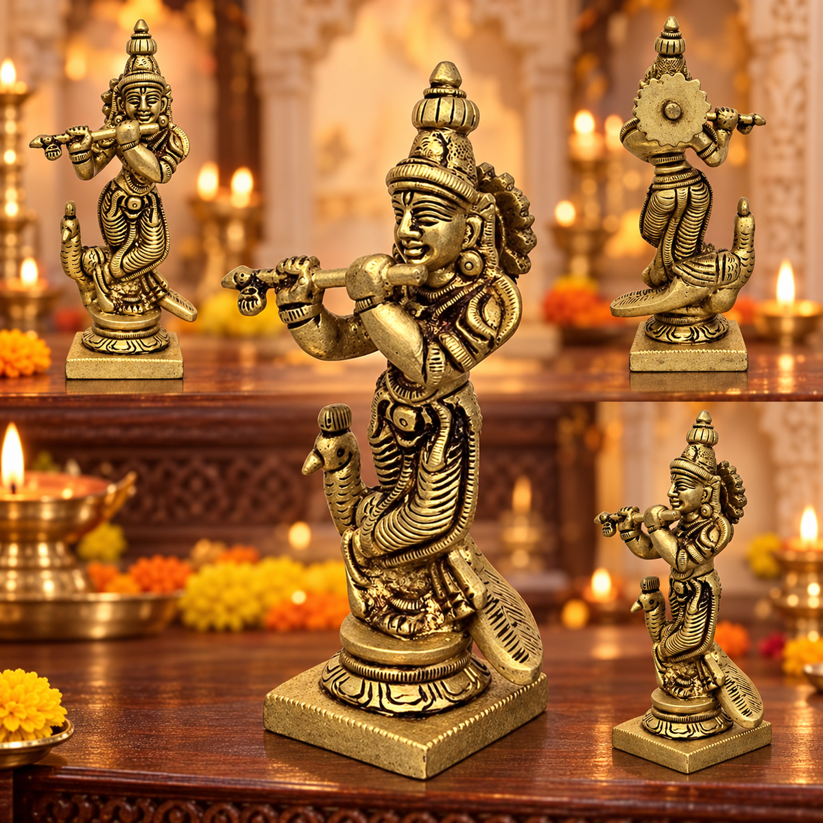Brass Standing Peacock Krishna 4.5"