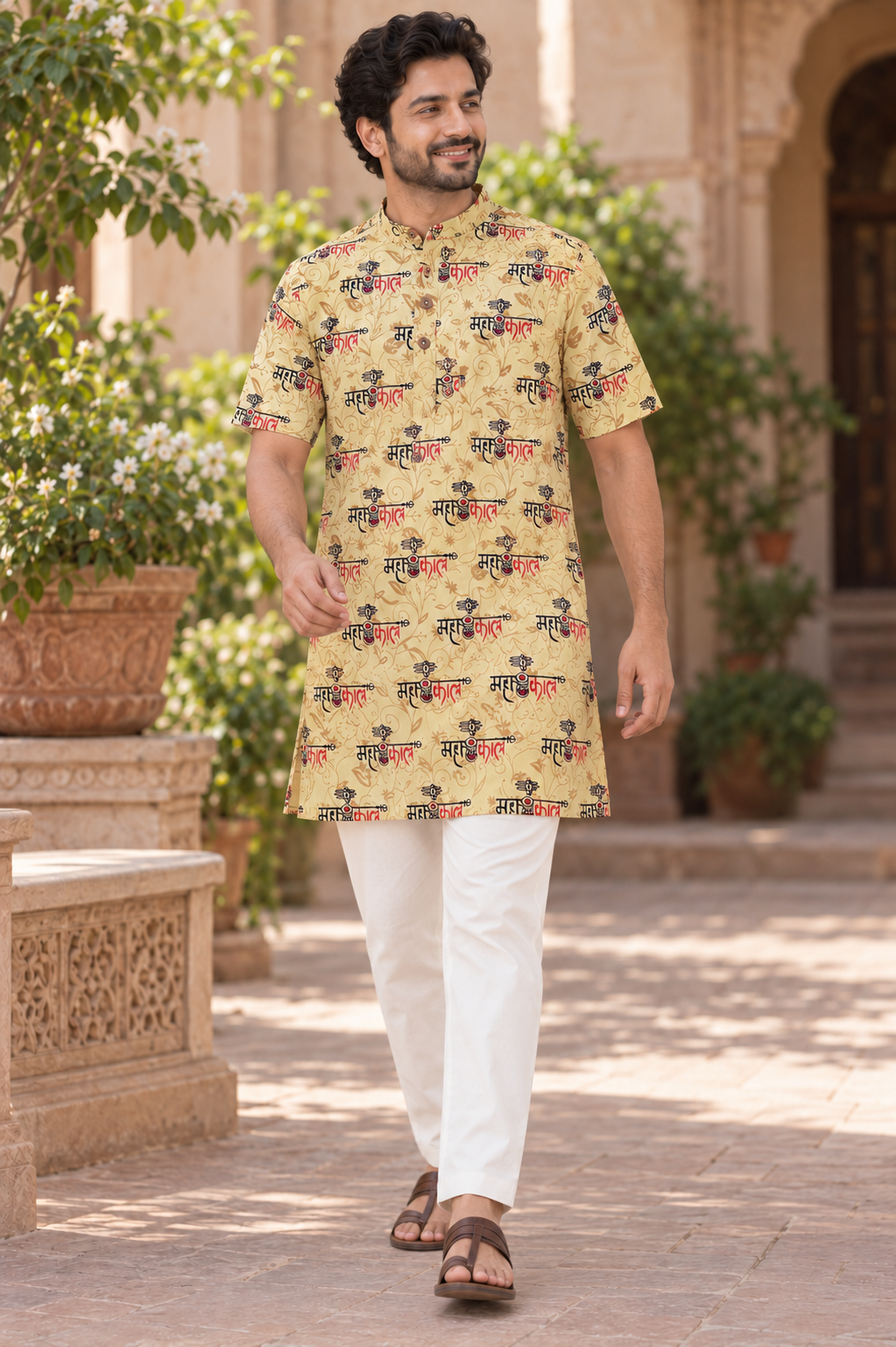 Flower Mahakal w/ Damaru Men’s Cotton Kurta