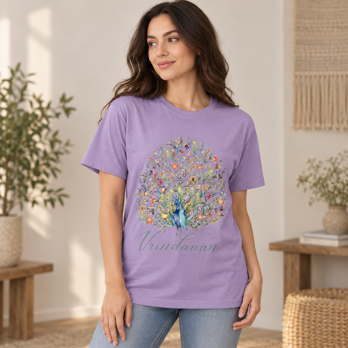 Krishna Peacock & Flowers Unisex Devotional T-Shirt