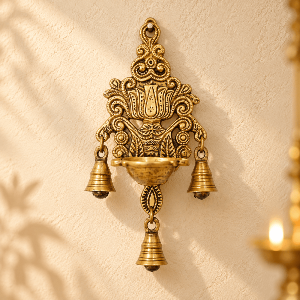 Handicrafts Brass Wall Hanging Diya with 3 Hanging Bells 11 x5 " - Matchless Gifts