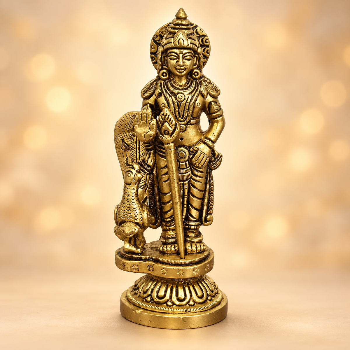 Brass Lord Murugan with Peacock 5"