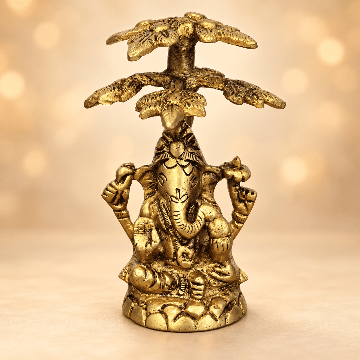 4" Small Blessing Lord Ganesha Seated Under The Tree | Brass Statue - Matchless Gifts