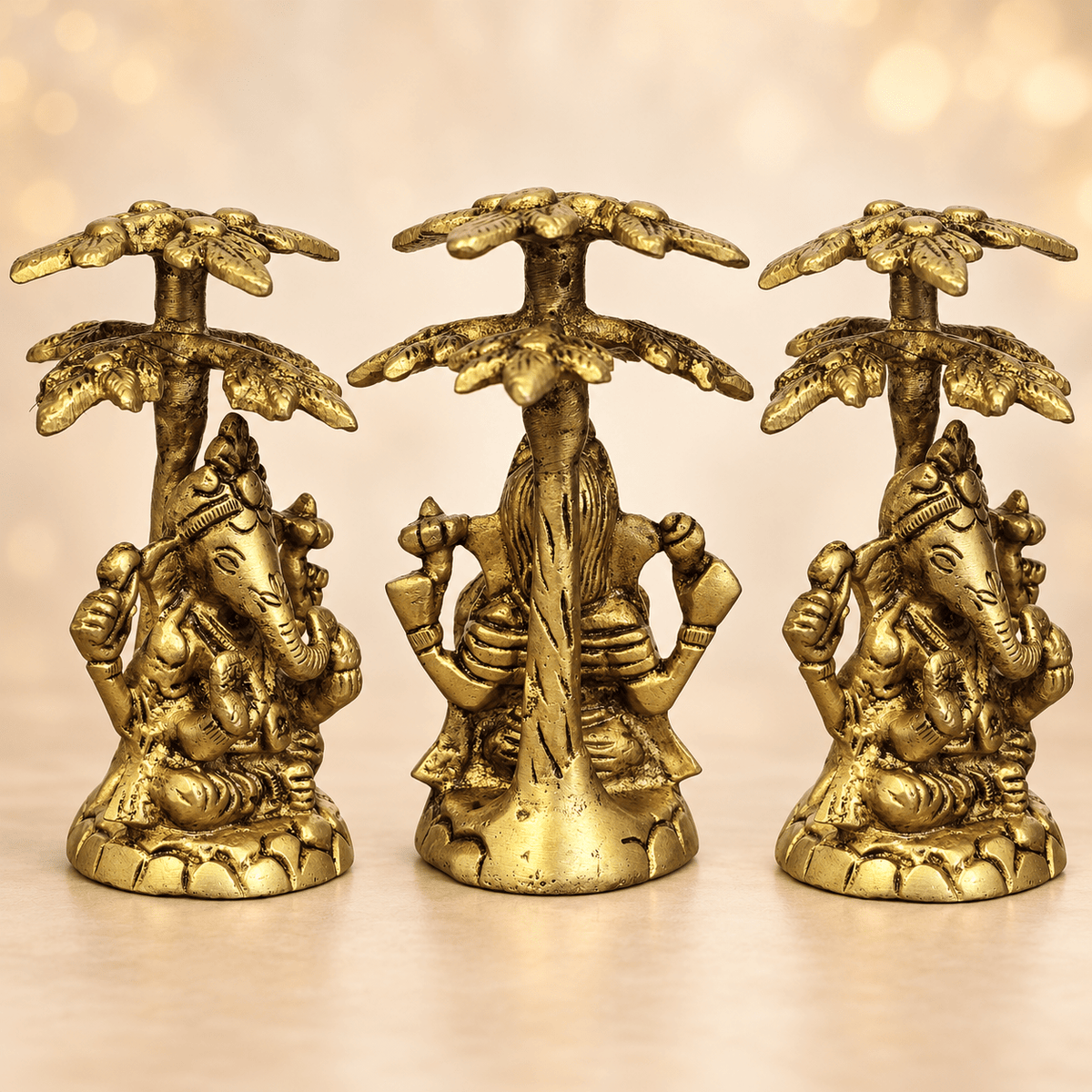 4" Small Blessing Lord Ganesha Seated Under The Tree | Brass Statue - Matchless Gifts