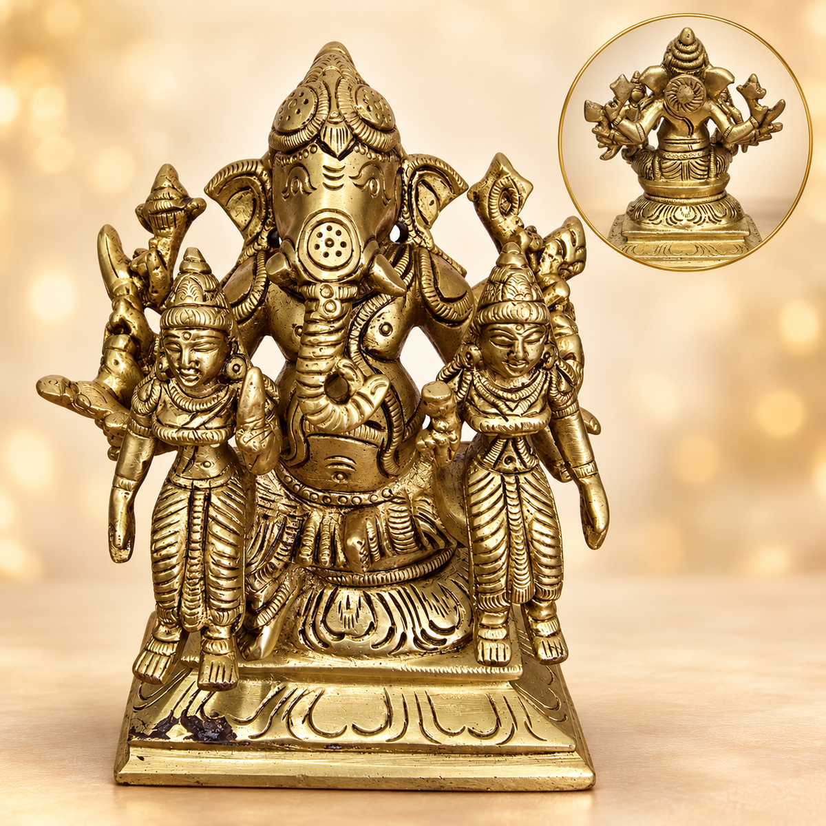 Brass Ganesha with Riddhi & Siddhi – 4.5"