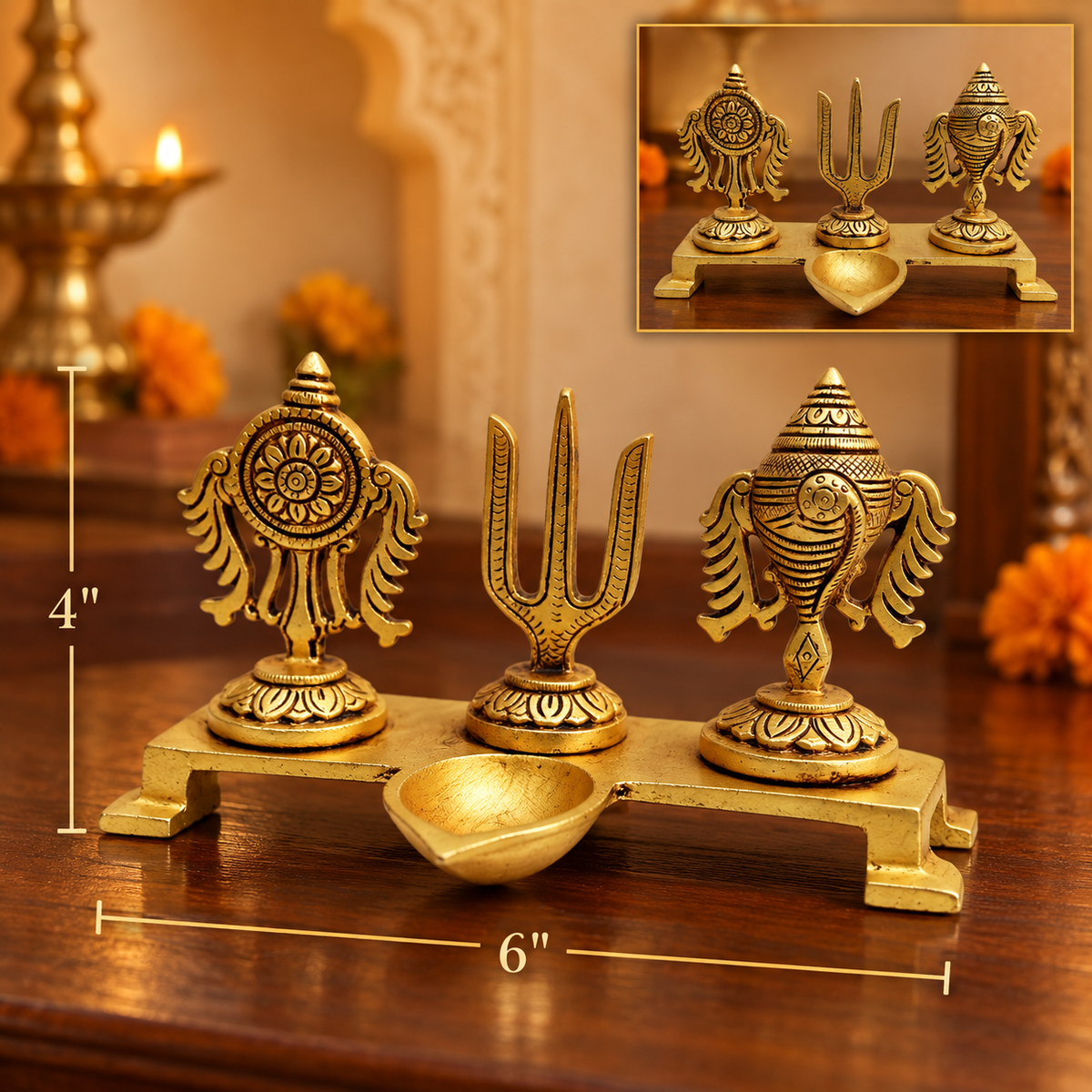 Brass Shankh Chakra Namah Diya Showpiece 6x4" | Shri Tirupati Balaji Shankha Chakra Tilak | Padmanabha Swami | Lord Vishnu