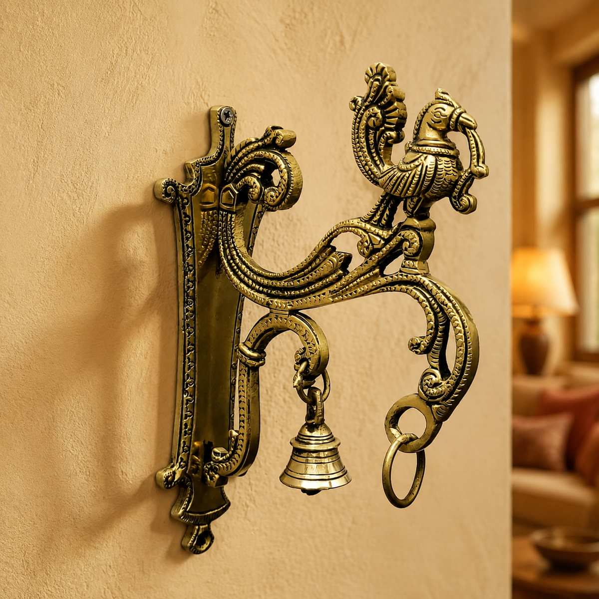 Brass Peacock Wall Bracket with Bell & Diya Hook 8 x 5"