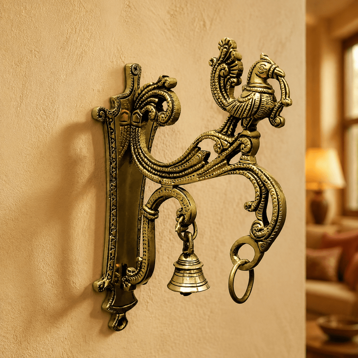 Brass Peacock Wall Bracket with Bell & Diya Hook 8 x 5" - Matchless Gifts