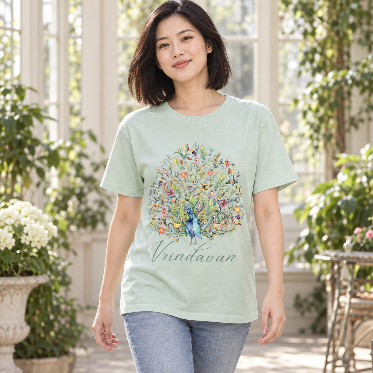 Krishna Peacock & Flowers Unisex Devotional T-Shirt
