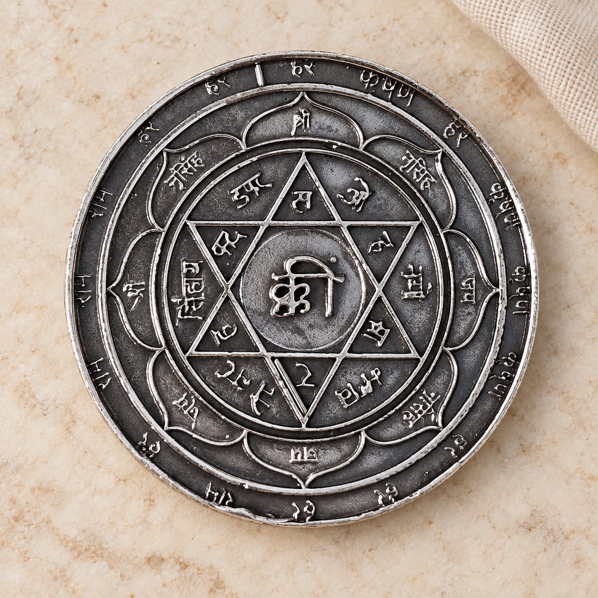 925 Sterling Silver Sri Narasimha Yantra - Doble side - Sacred Protection Coin 1.25"
