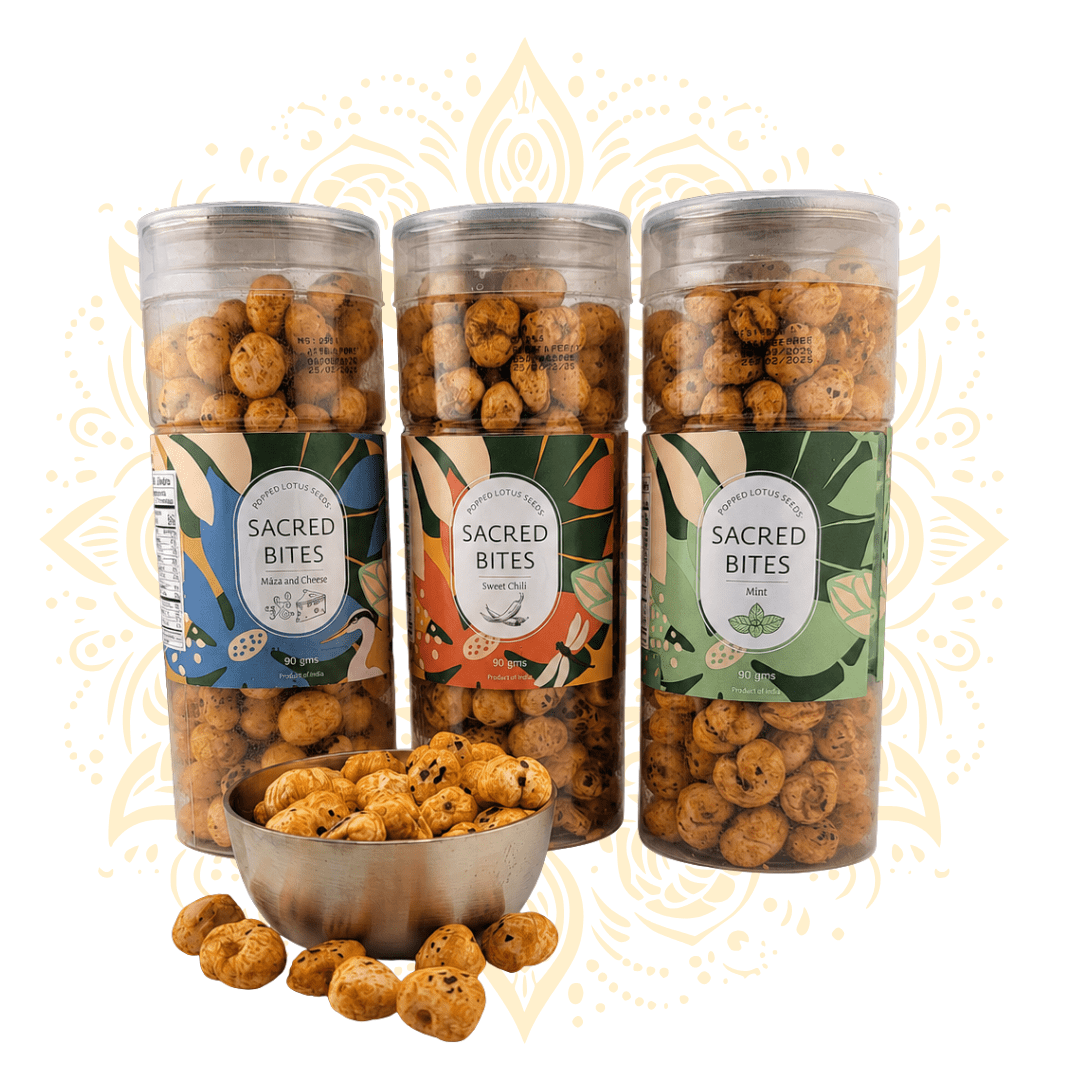 Sacred Bites Roasted Makhana Lotus Seeds 90 g | Crunchy Indian Fox Nut Snack in 3 Flavors - Matchless Gifts1