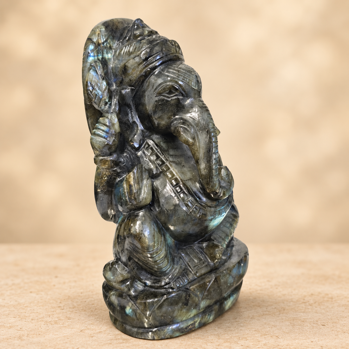 Hand-Carved Natural Labradorite Ganesh Murti – 6"
