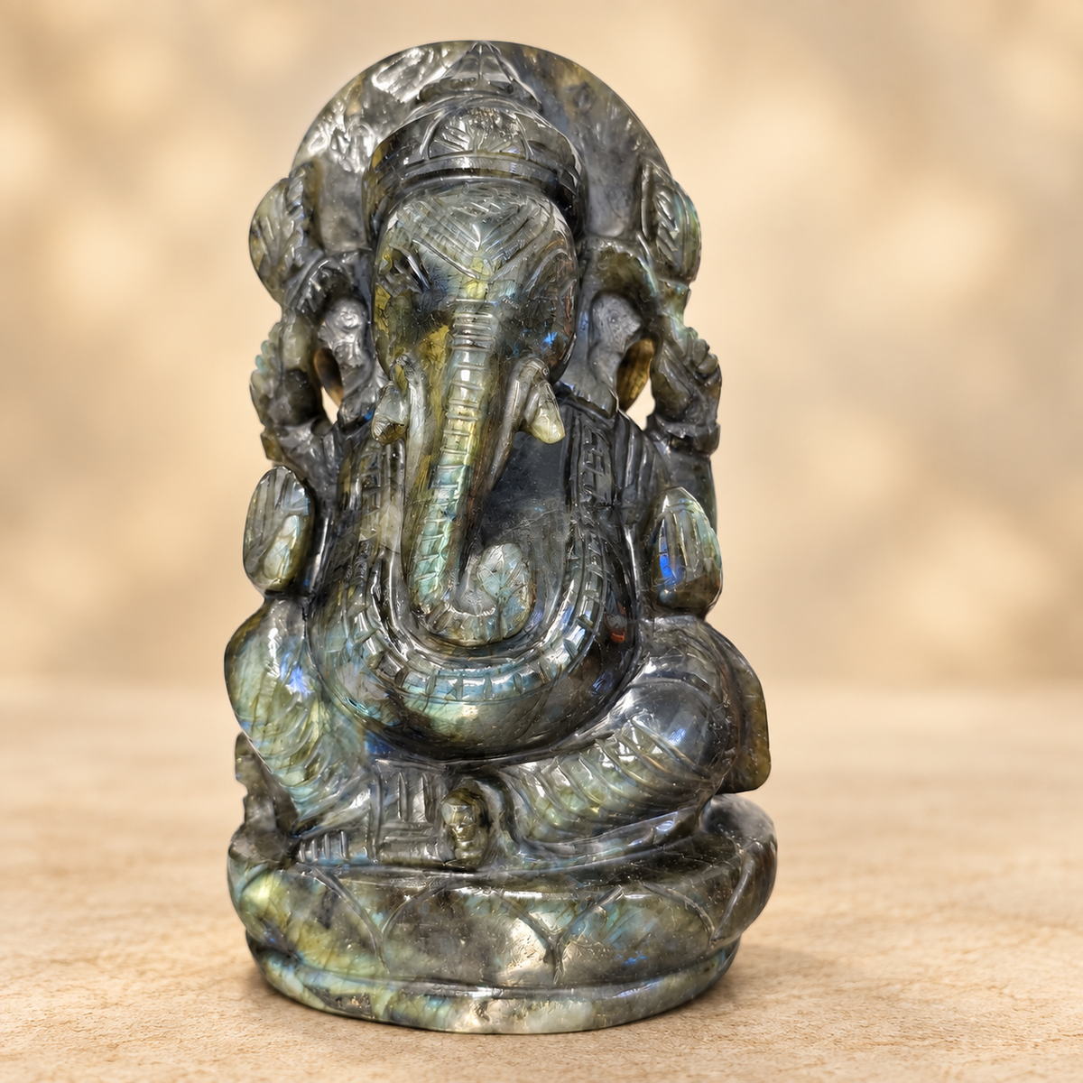 Hand-Carved Natural Labradorite Ganesh Murti – 6"