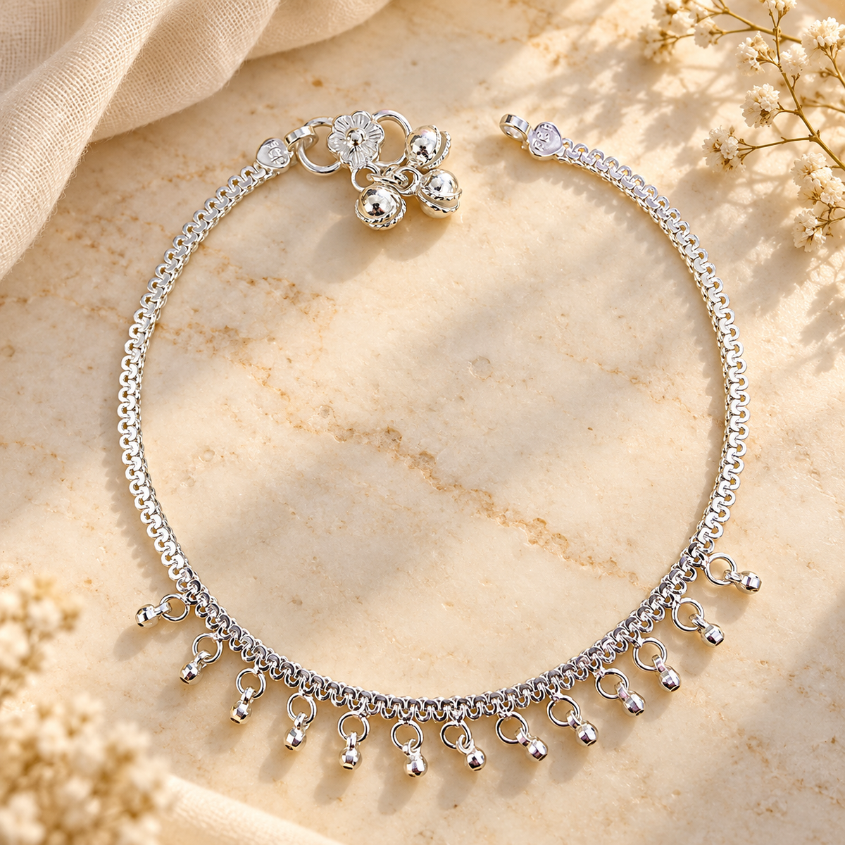 925 Sterling Silver Anklet mini Bells | Traditional Indian Jewelry 10"