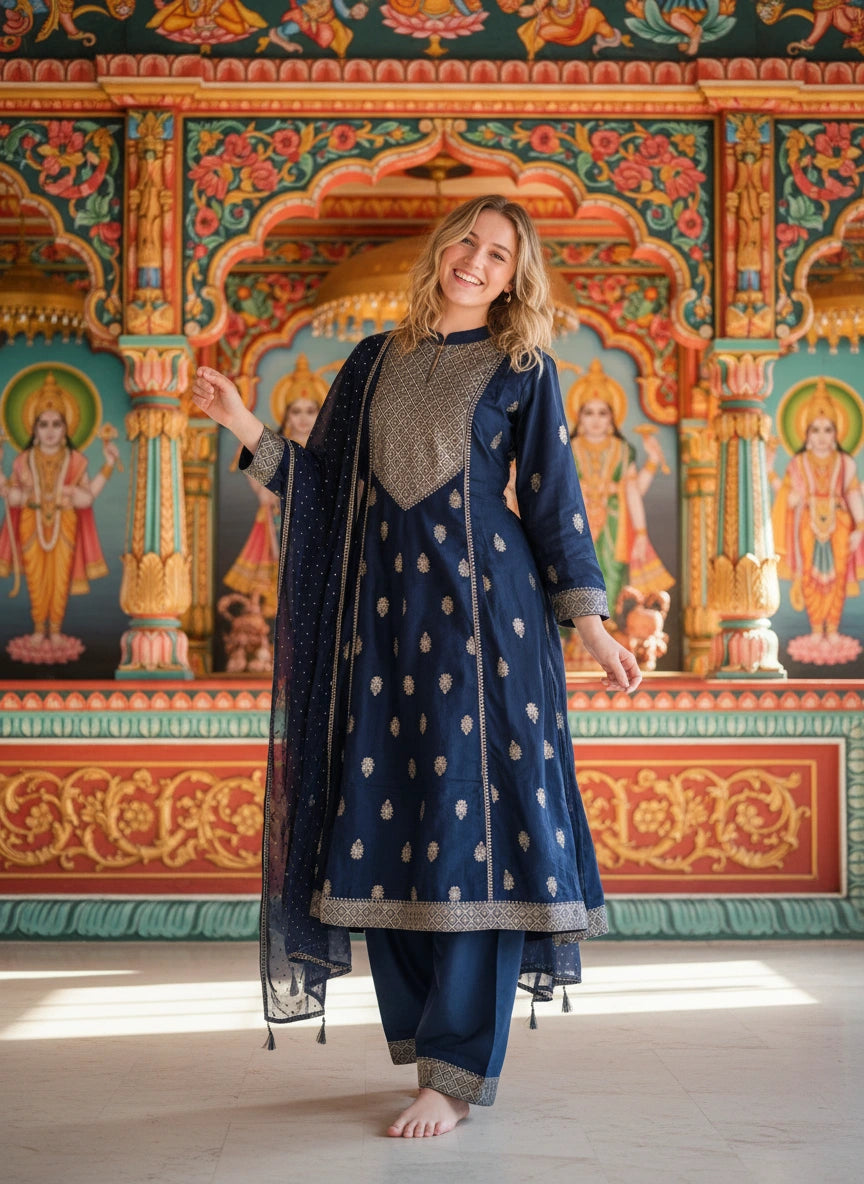 Cotton Navy Blue Kurti Set - Matchless Gifts