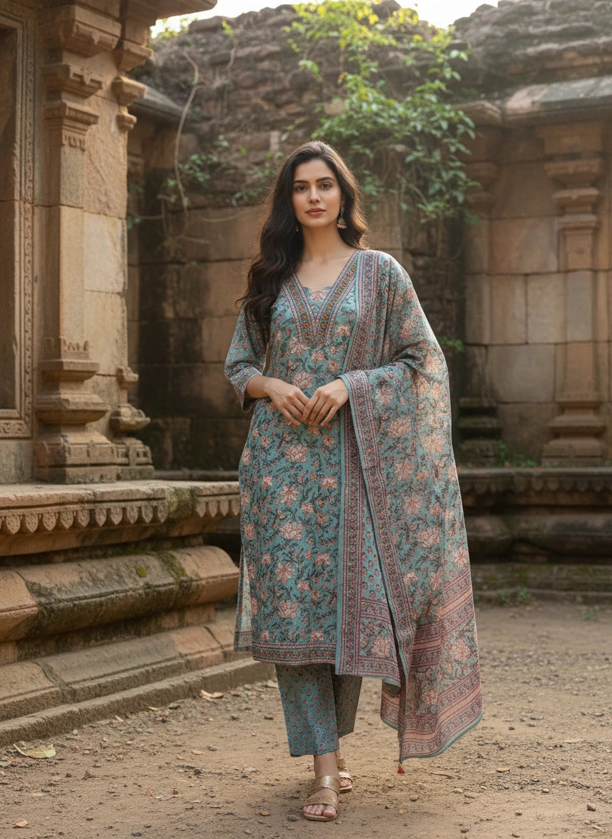 Cotton Floral Kurti Set - Matchless Gifts