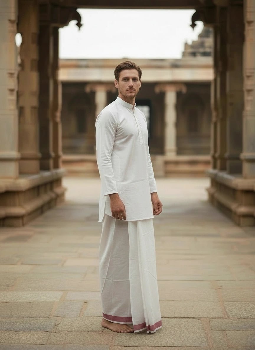 White Cotton Dhoti w/ Colored Border - Matchless Gifts1