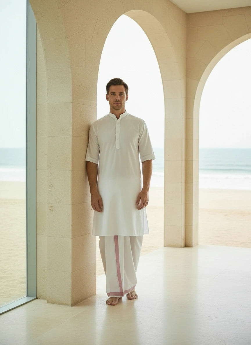 White Short Sleeve Kurta w/ Collar | Traditional Indian Devotional Clothing