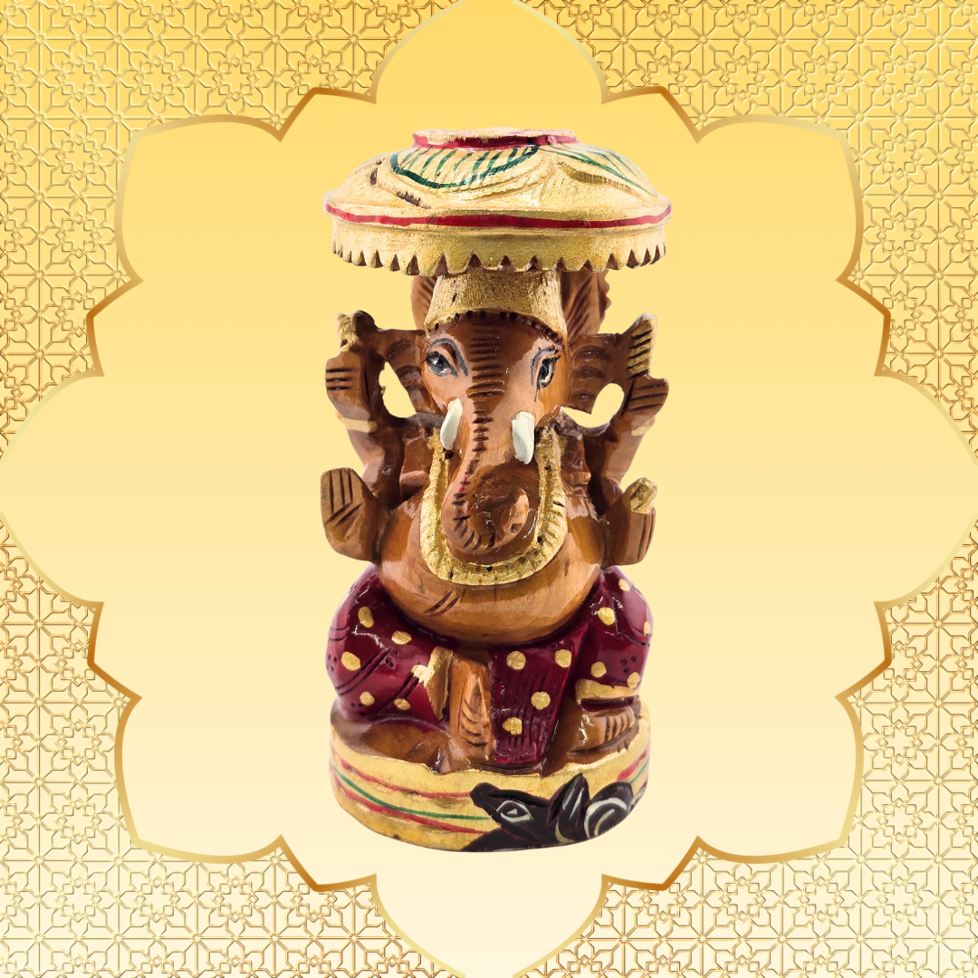 Hand-Carved Wooden Chatri Ganesh
