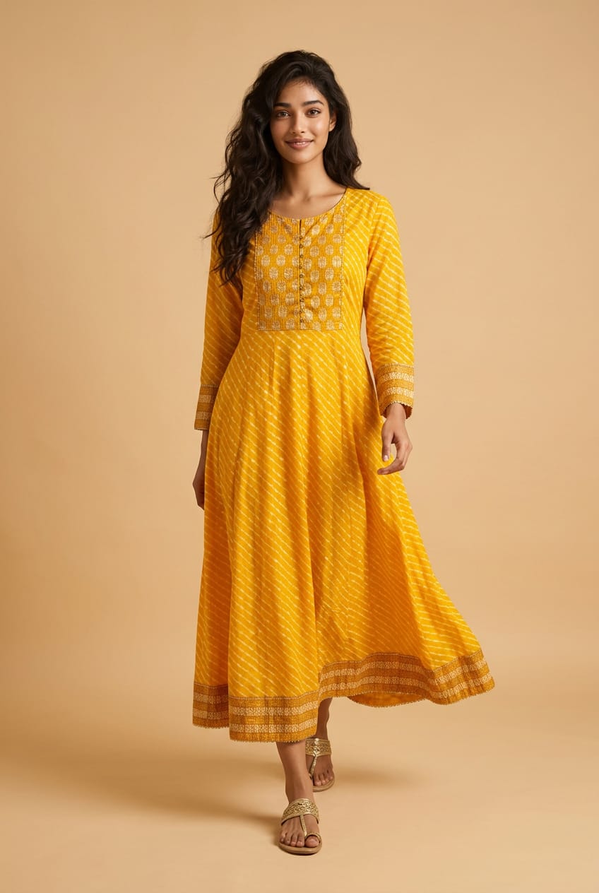 Women's Cotton Gold Button Anarkali Dress - Matchless Gifts