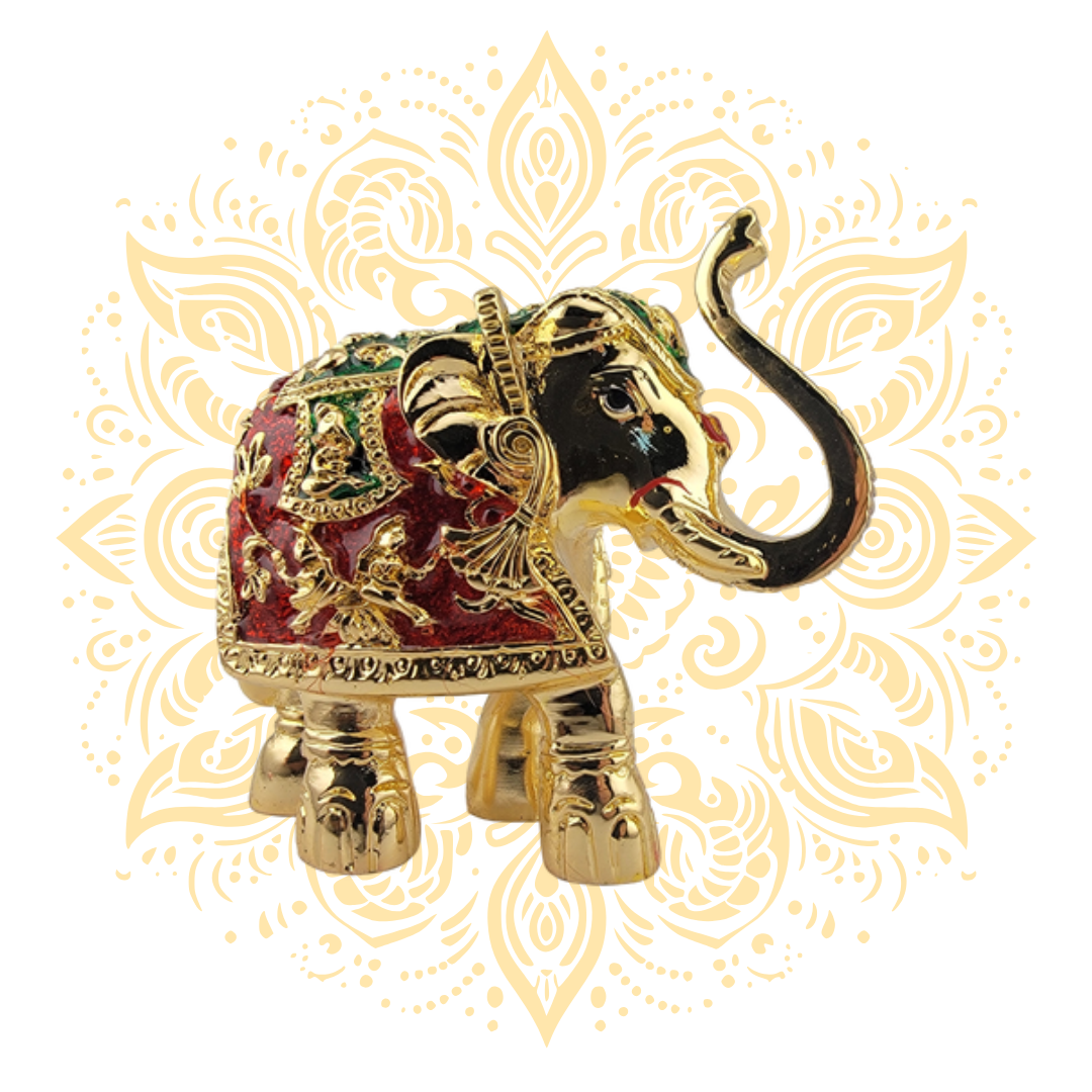Golden Elephant w/ Raised Trunk Red/Green Howdah 3"
