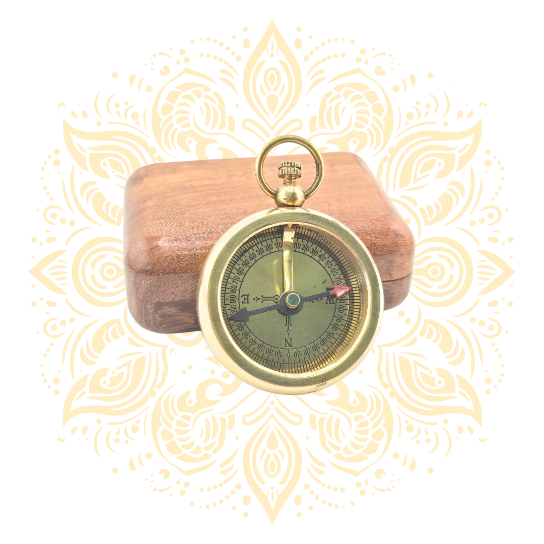 Mini Vintage Brass Pocket Compass – 1.5 Inch Antique Navigation Compass with Wooden Case
