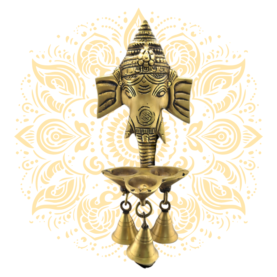 9'' Ganesha Hanging Three Deepak w/ Bells Brass