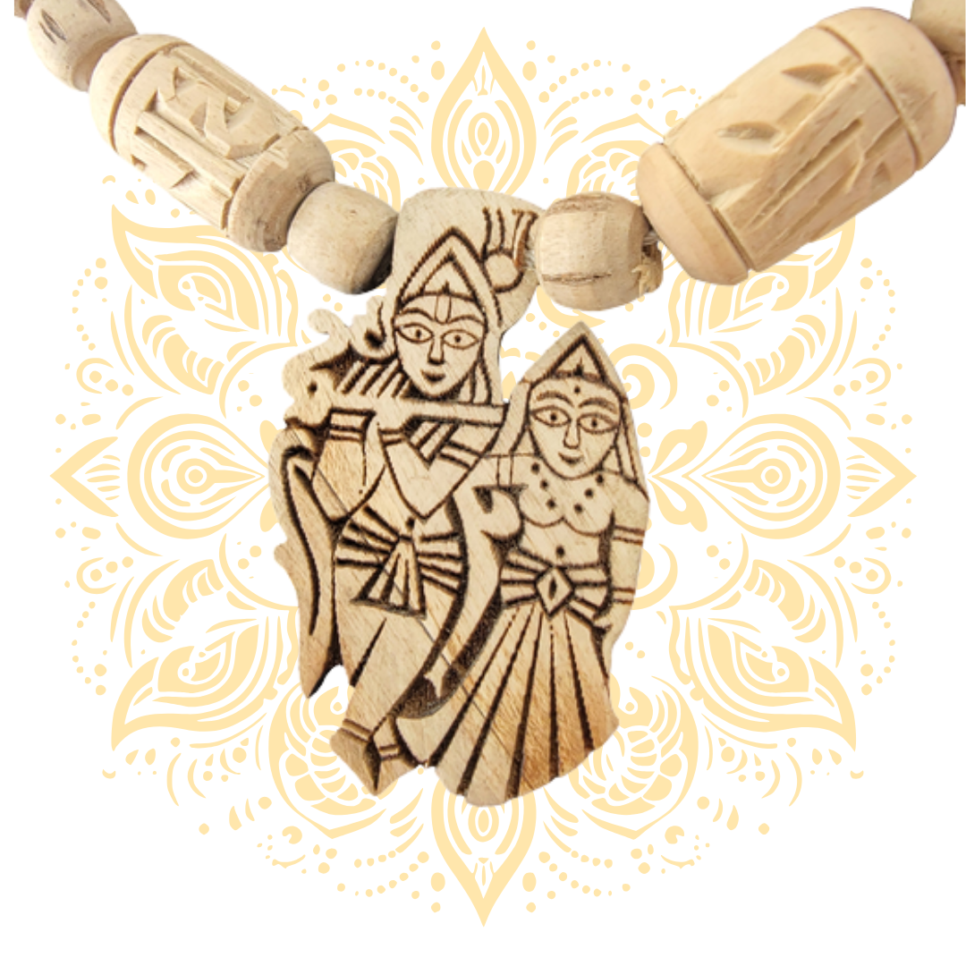 Carved Tulasi Neckbeads w/ Radha Krishna Pendant 18"