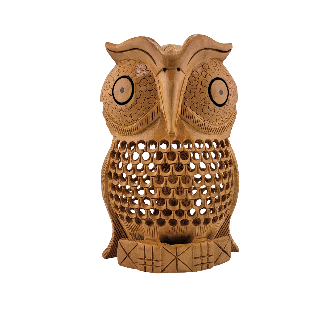 Wooden Jali Took Owl – Hand-Carved with Undercut Inner Owl - Matchless Gifts2