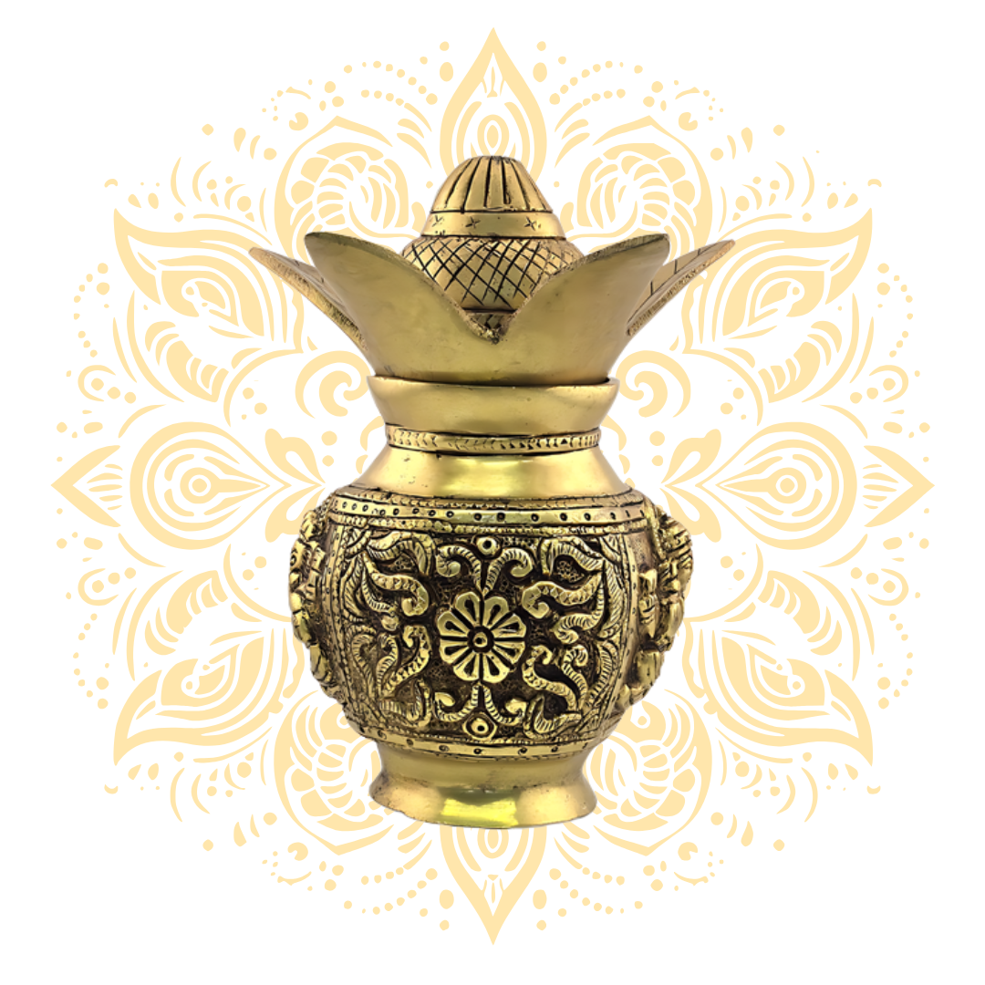 Brass Kalash w/ Laxmi & Ganesh Design 6" - Matchless Gifts1