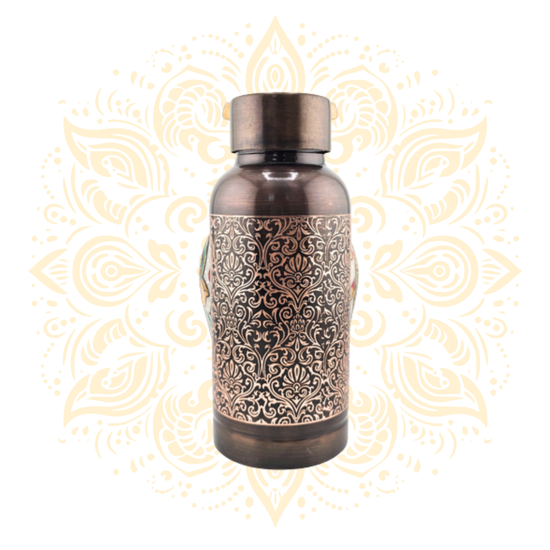 Handcrafted 600 ml Copper Water Bottle w/ Engraved Floral Design - Matchless Gifts