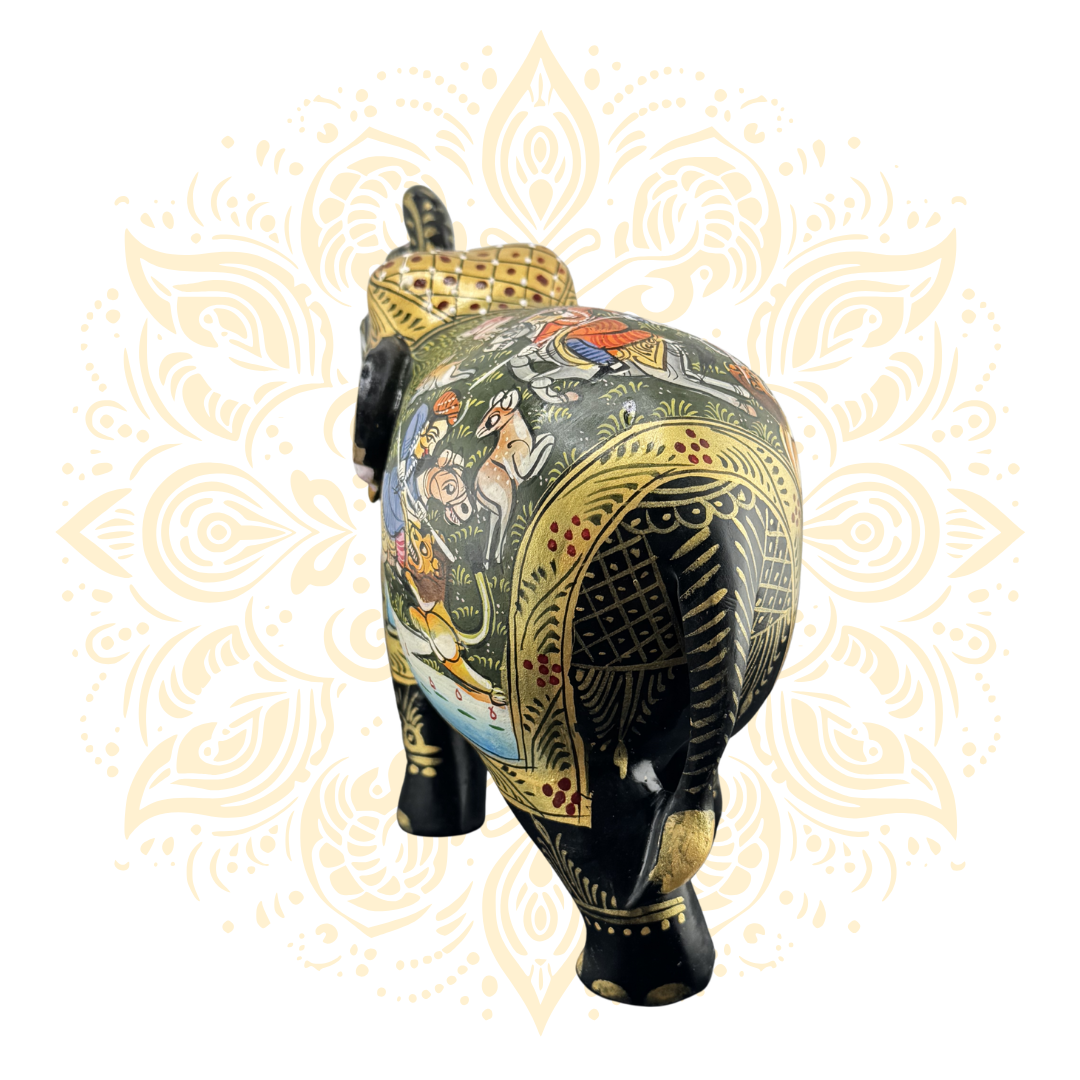 Wooden Black Painted Elephant Flower Work