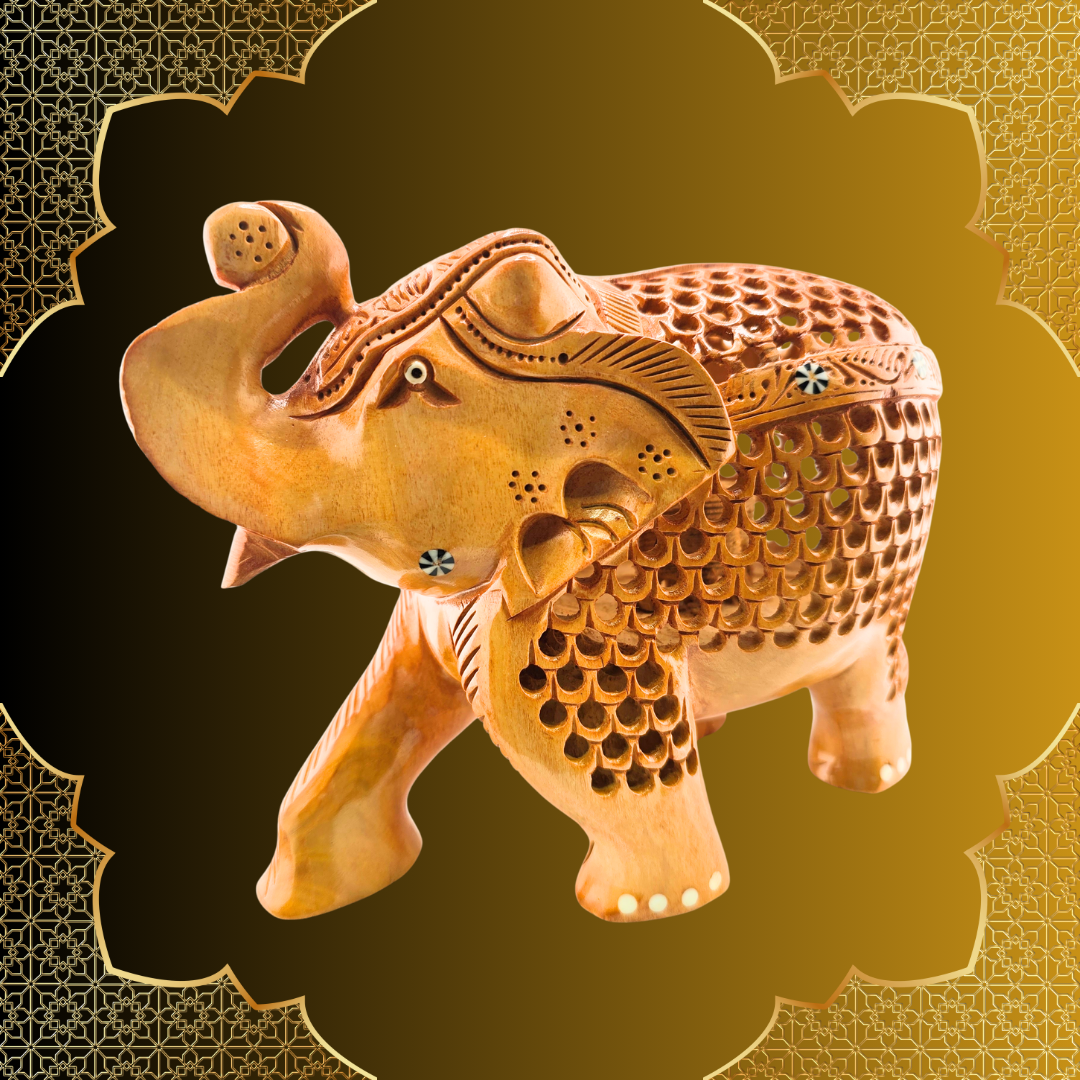 Wooden Jali Trunk Up Elephant Figurine - Matchless Gifts5