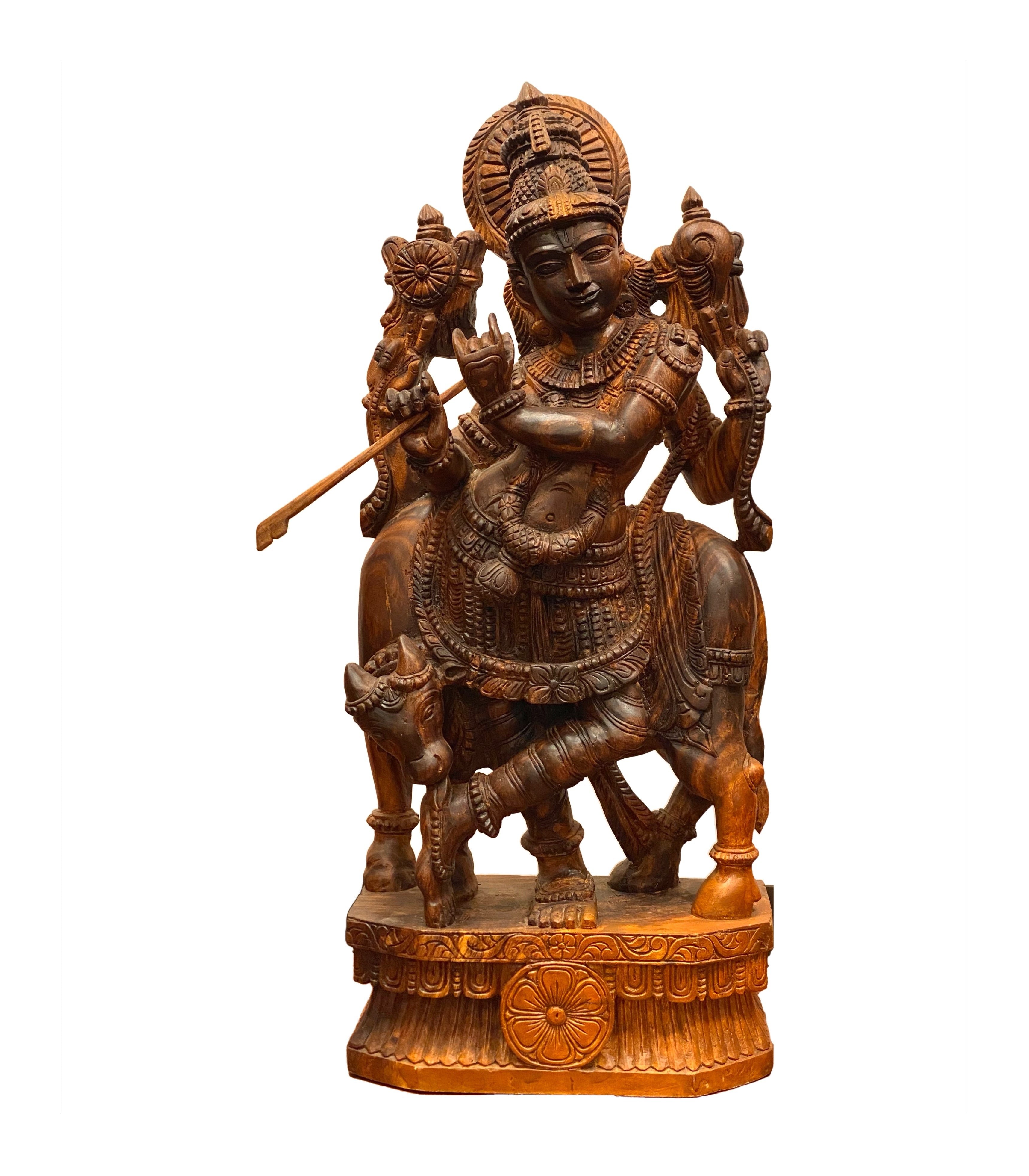 Teak Wood Hand Carved Govinda Krishna w/ Cow - Matchless Gifts