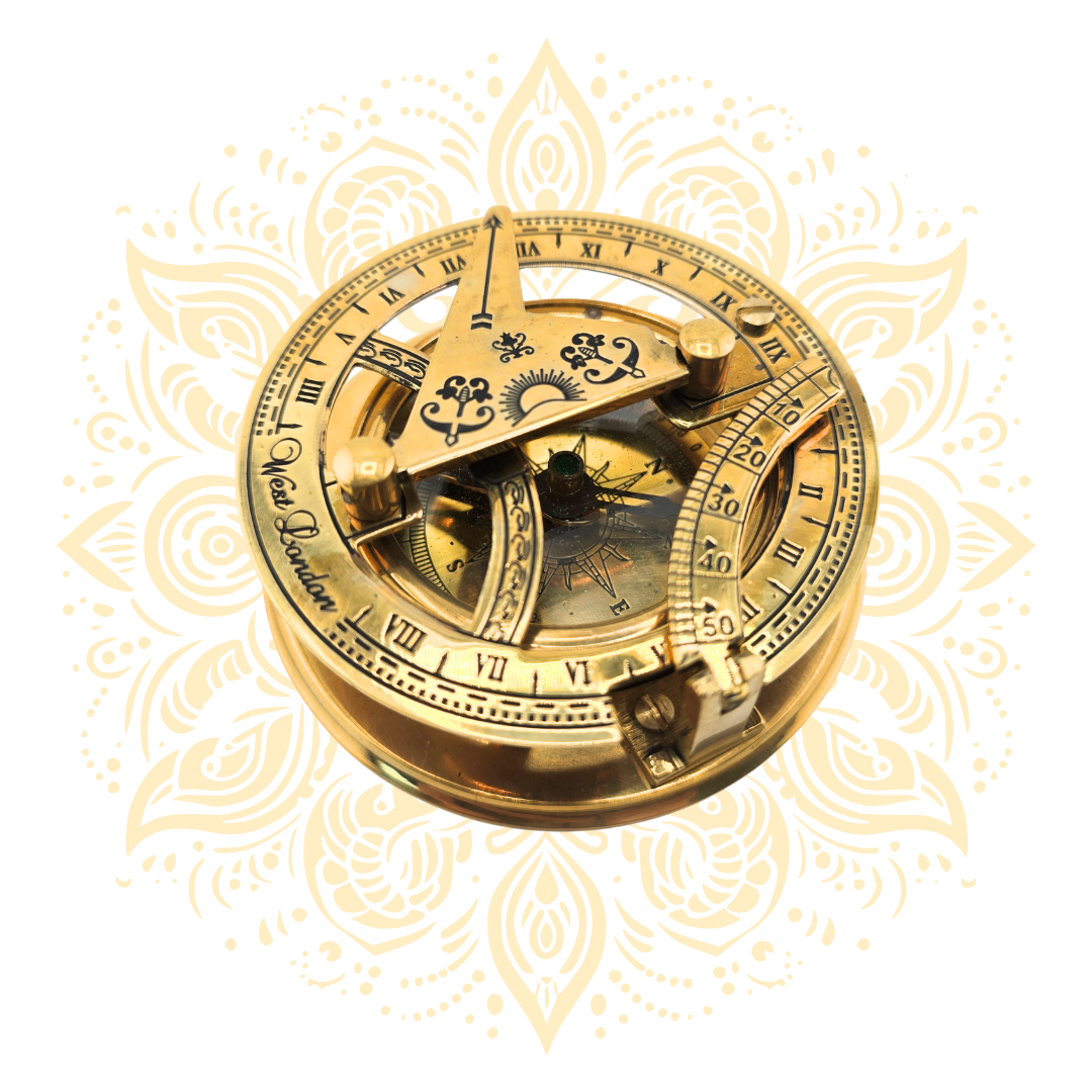 Vintage Brass Sundial Compass – 2.5 Inch Antique Navigation Instrument with Wooden Case