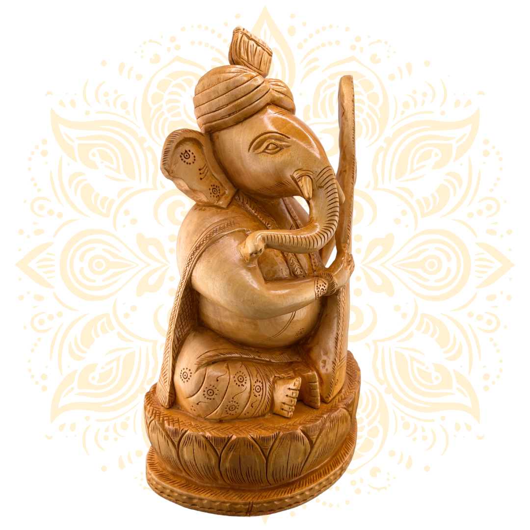 Hand-Carved Wooden Ganesh w/ Veena 10" - Matchless Gifts2