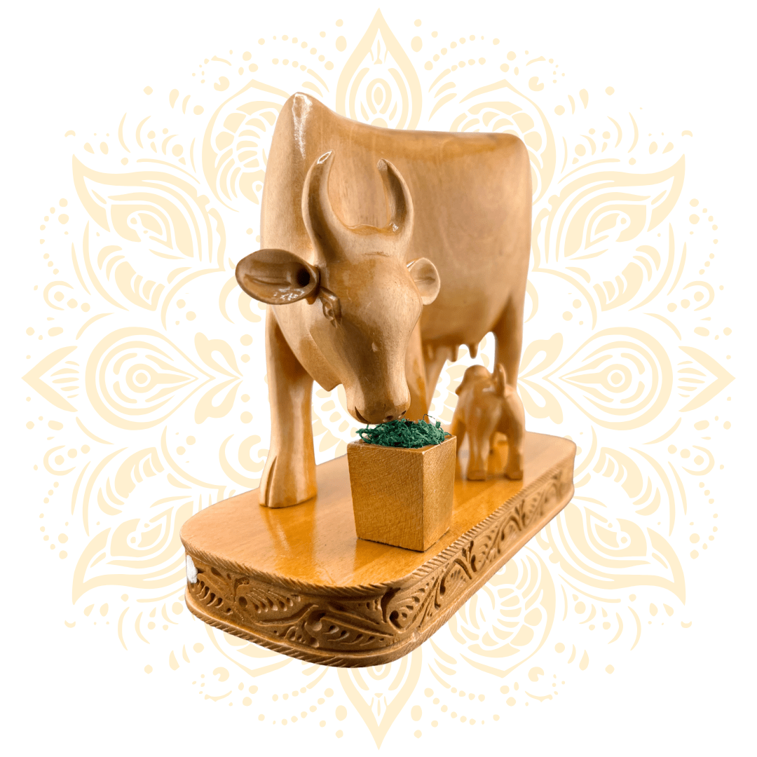 Hand-Carved Wooden Cow & Calf 4" - Matchless Gifts2
