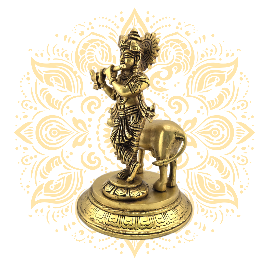 Brass Krishna w/ Cow 7"