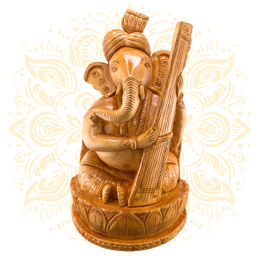 Hand-Carved Wooden Ganesh w/ Veena 10" - Matchless Gifts1