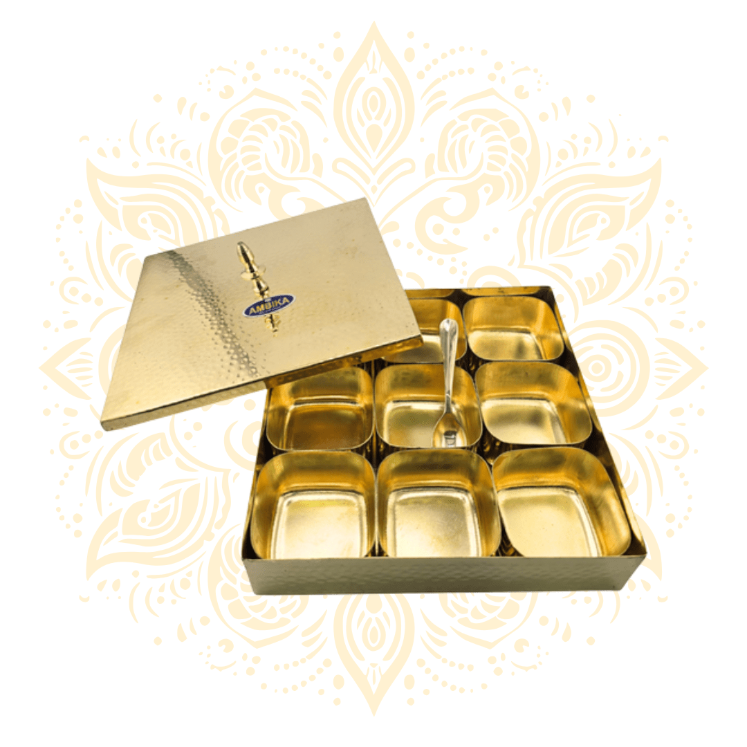 Square Brass Spice Container Masala Dabba w/ Spoon - Matchless Gifts