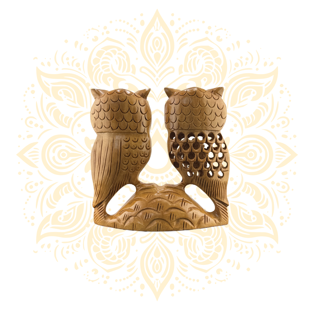 Hand Carved Wooden Double Owl Figurine 4" - Matchless Gifts2
