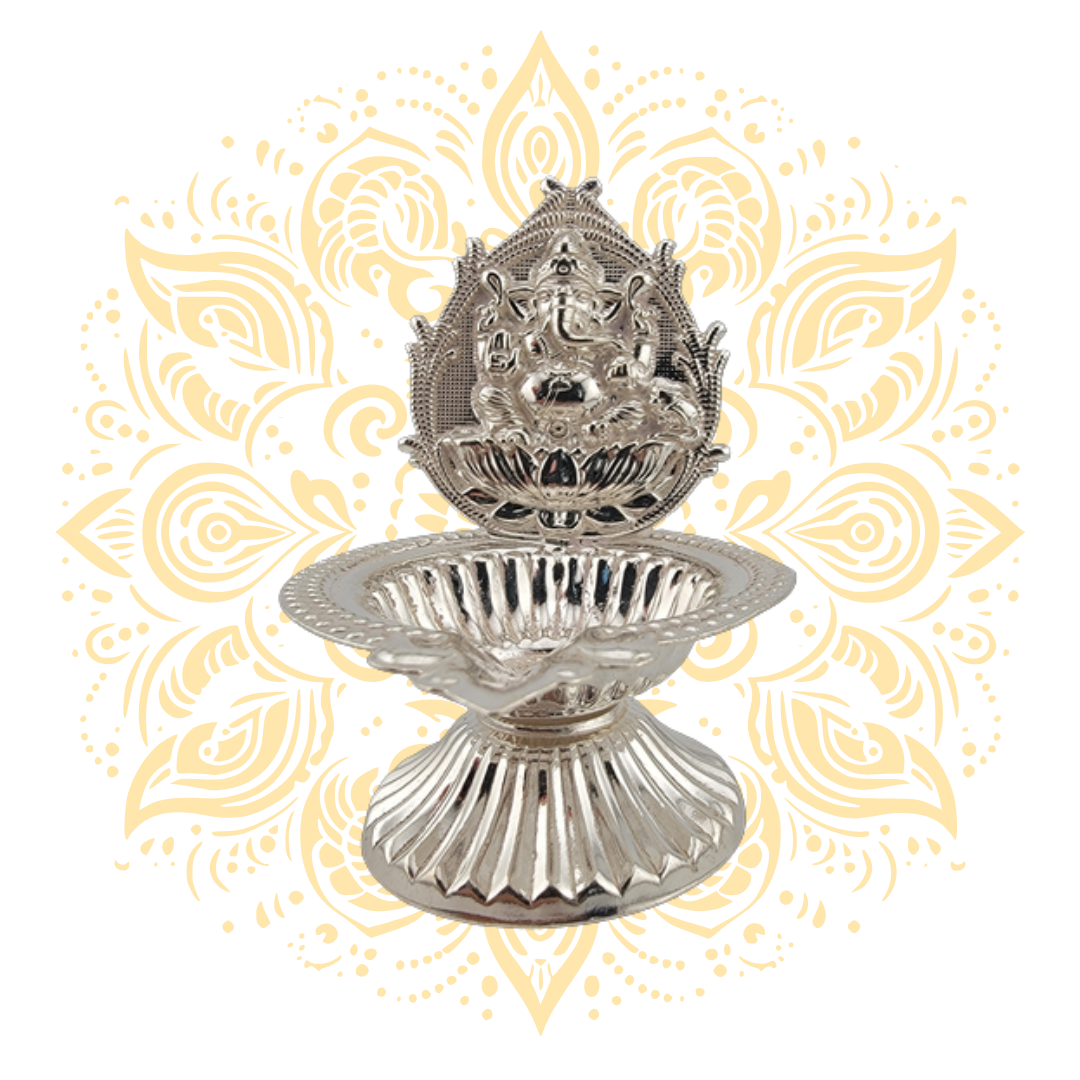 Silver Ganesh on Lotus Diya Oil Lamp 2.75" x 3"
