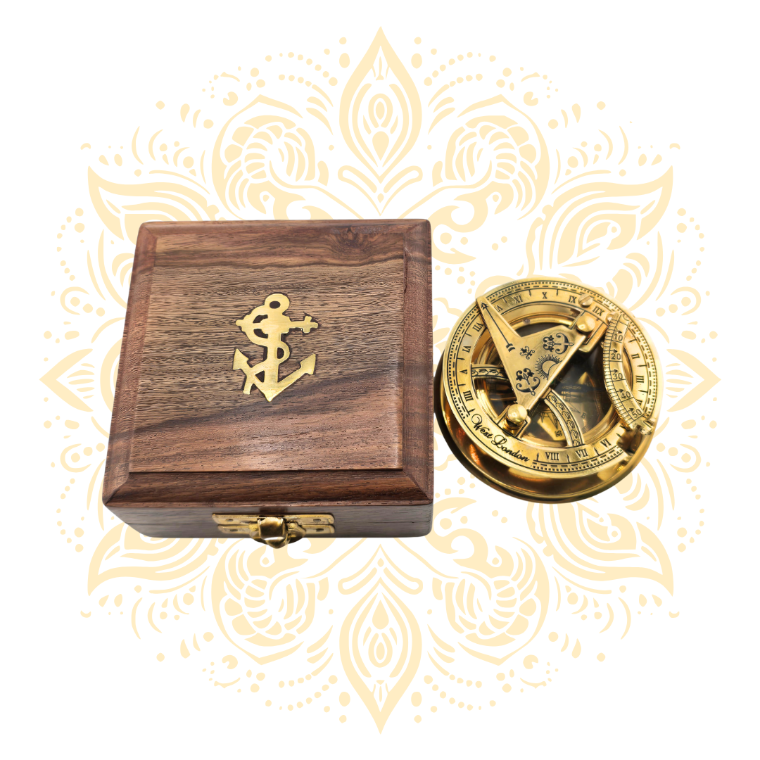 Vintage Brass Sundial Compass – 2.5 Inch Antique Navigation Instrument with Wooden Case