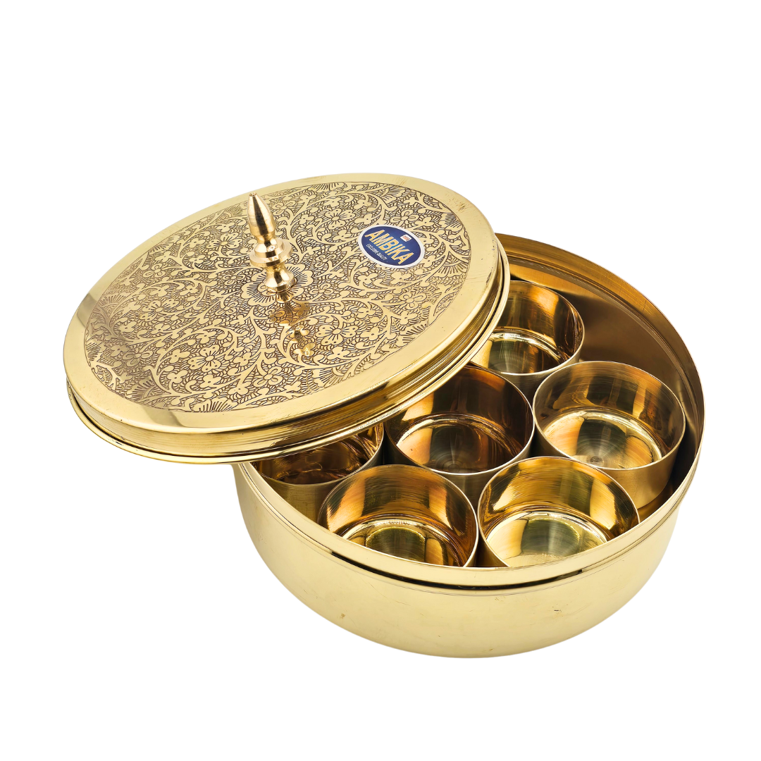 Brass Spice Container Masala Dabba w/ Spoon - Matchless Gifts5