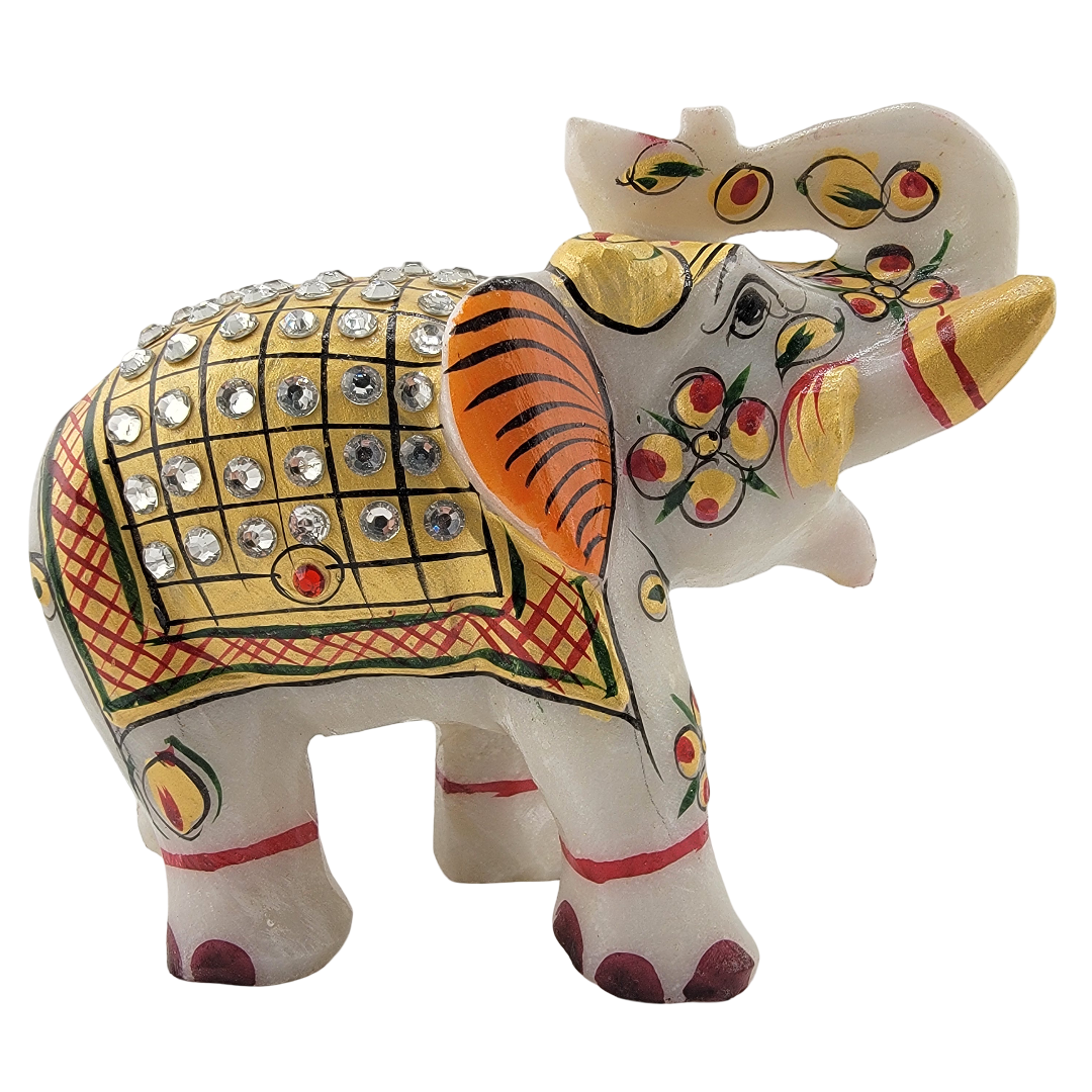 Hand-Painted Marble Elephant w/ Gem Design – Trunk Up