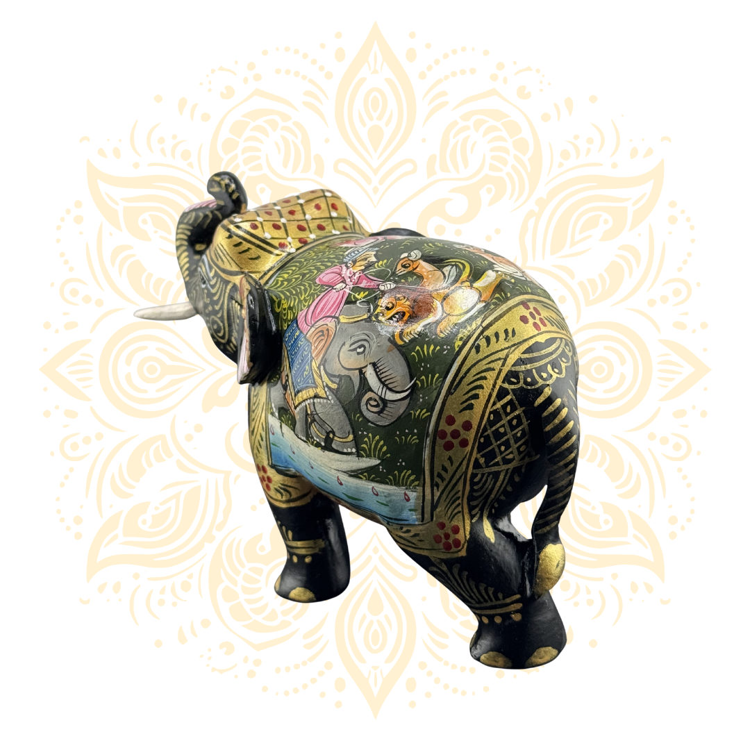 Wooden Black Painted Elephant Flower Work