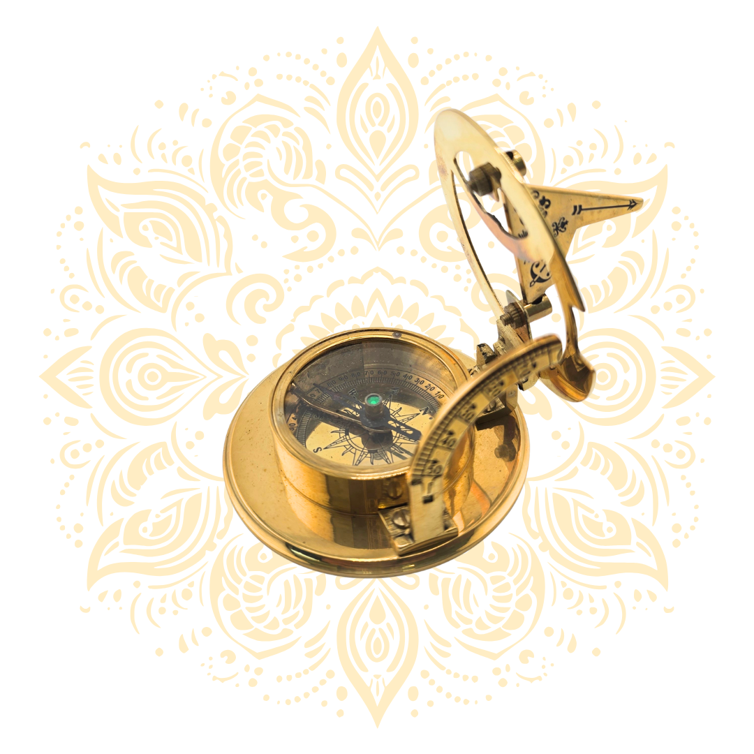 Vintage Brass Sundial Compass – 2.5 Inch Antique Navigation Instrument with Wooden Case