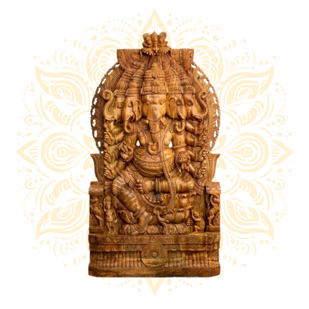Hand-Carved Wooden Statue of Panchamukhi Ganesh 90"