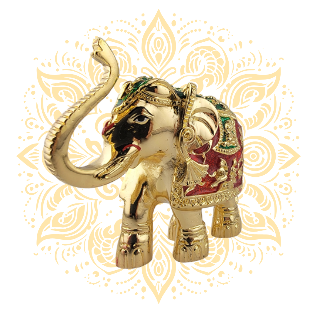 Golden Elephant w/ Raised Trunk Red/Green Howdah 3"